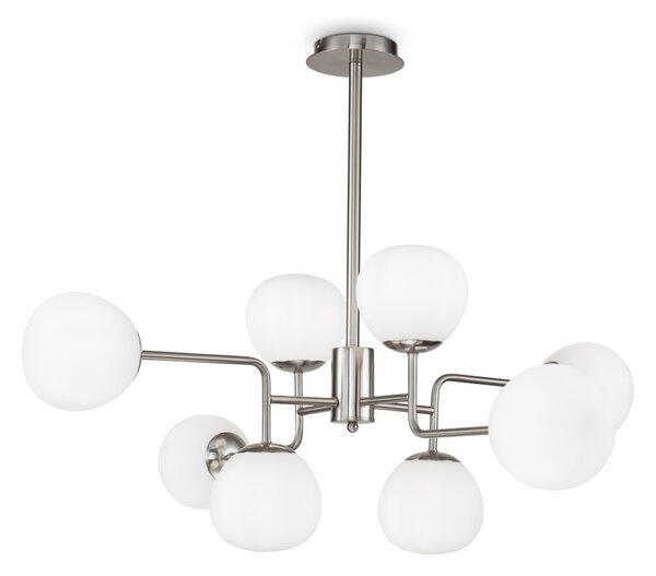 Lampadario Sospensione Erich In Metallo Nichel 8 Luci E Diffusori Bianchi