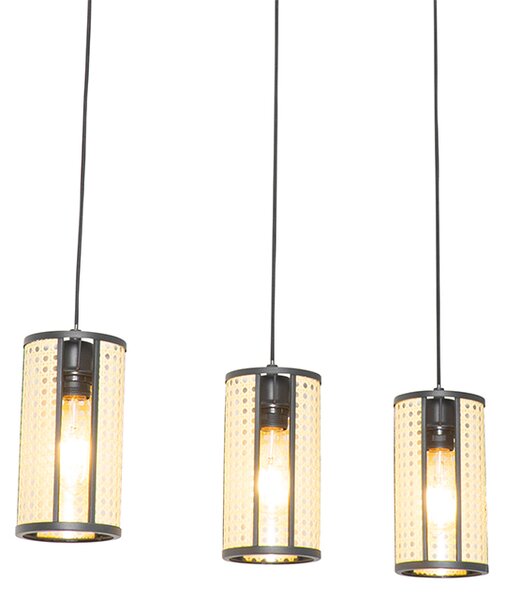 Lampada a sospensione orientale nera con rattan 3 luci oblunga - Akira