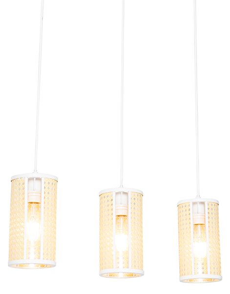 Lampada a sospensione orientale bianca con rattan 3 luci oblunga - Akira