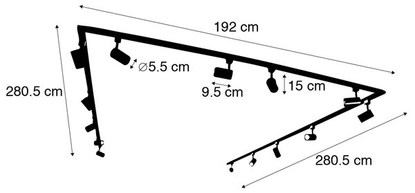 Sistema di illuminazione a binario moderno con 14 faretti neri monofase - Iconic Jeana