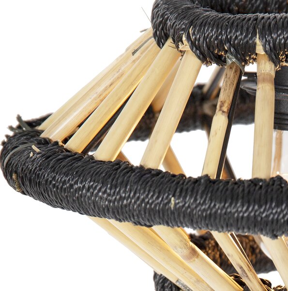 Lampada a sospensione orientale in bambù con paralumi neri oblunghi a 3 luci - Evalin