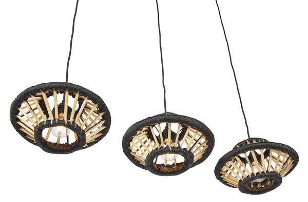 Lampada a sospensione orientale in bambù con paralumi neri oblunghi a 3 luci - Evalin