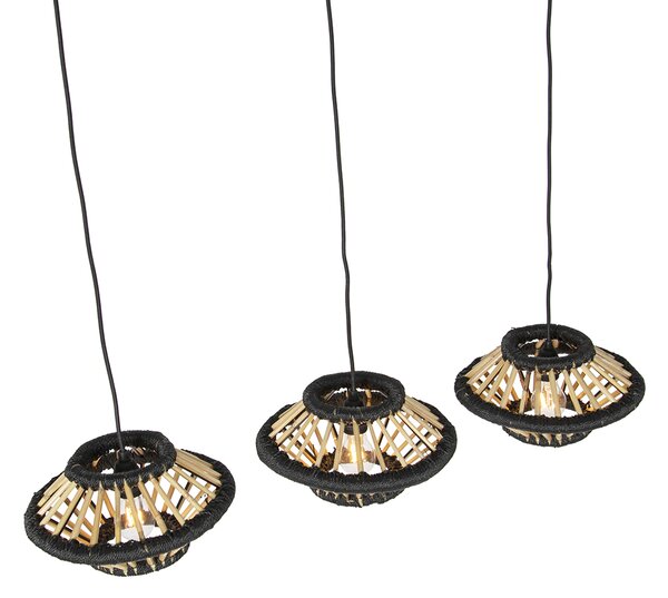 Lampada a sospensione orientale in bambù con paralumi neri oblunghi a 3 luci - Evalin