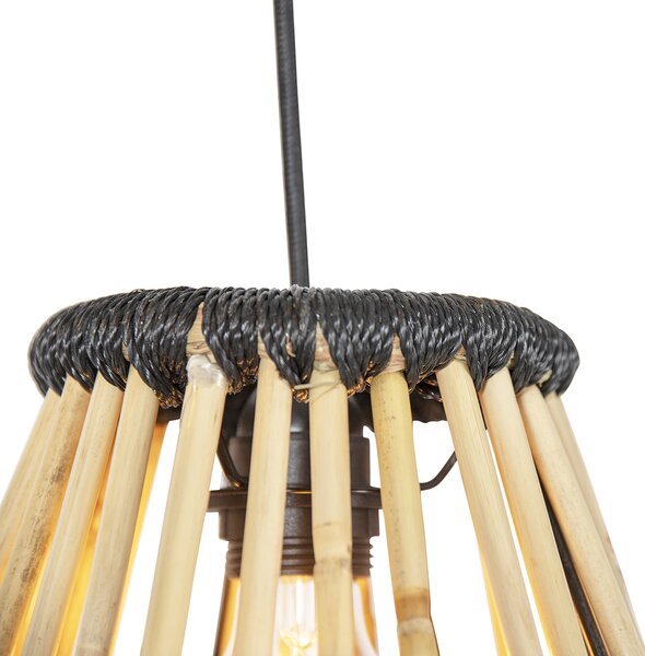 Lampada a sospensione orientale in bambù con paralume rotondo nero 3 luci - Evalin
