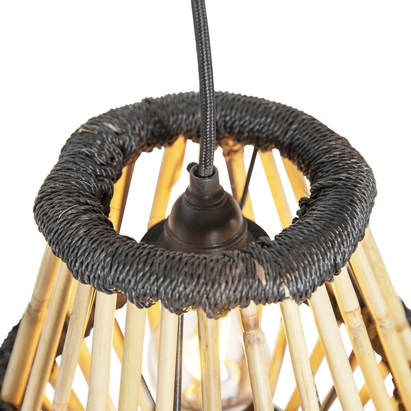 Lampada a sospensione orientale in bambù con paralume rotondo nero 3 luci - Evalin
