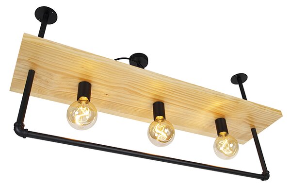 Plafoniera industriale nera con legno 3 luci - Shelf