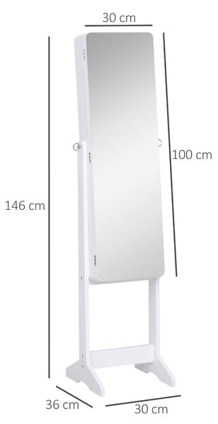 HOMCOM Armadio Portagioie Portagioielli con Specchio Regolabile e Illuminazione LED, Legno, Bianco, 30x146x36 cm