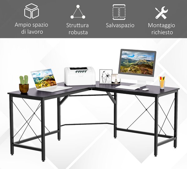 HOMCOM Scrivania Spaziosa e Finitura in Rovere Perfetta Postazione da Lavoro per Casa e Ufficio a Forma di L con Soluzione Angolar,Nera|Aosom