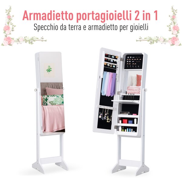 HOMCOM Armadio Portagioie Portagioielli con Specchio Regolabile e Illuminazione LED, Legno, Bianco, 30x146x36 cm