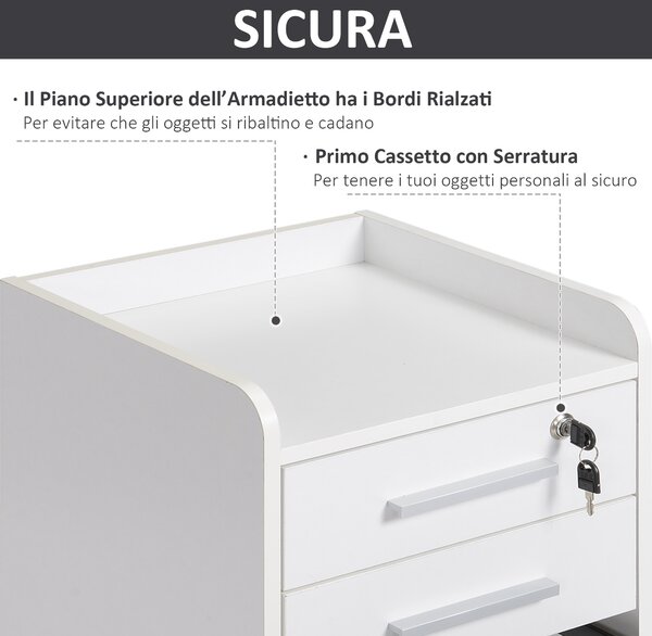 HOMCOM Cassettiera da Ufficio a 3 Cassetti con maniglie, Ripiano e 5 Ruote, in pannello truciolare e MDF, Bianco,39.2 x 40 x 65.4cm|Aosom Italy
