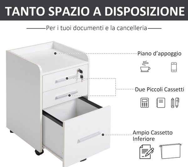 HOMCOM Cassettiera da Ufficio a 3 Cassetti con maniglie, Ripiano e 5 Ruote, in pannello truciolare e MDF, Bianco,39.2 x 40 x 65.4cm|Aosom Italy