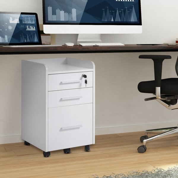 HOMCOM Cassettiera da Ufficio a 3 Cassetti con maniglie, Ripiano e 5 Ruote, in pannello truciolare e MDF, Bianco,39.2 x 40 x 65.4cm|Aosom Italy