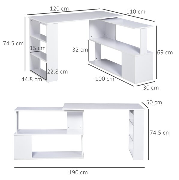 HOMCOM Scrivania Angolare con Parte Estraibile e 5 Ripiani, Girevole 360° Forma a L Bianca, 120x110x74.5cm|Aosom