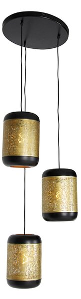 Lampadario vintage nero con ottone rotondo a 3 luci - Kayleigh