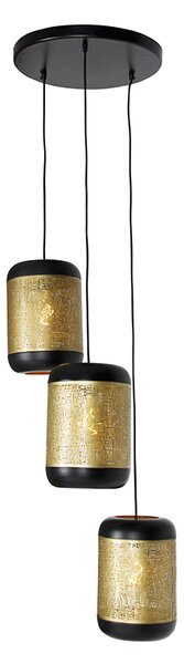 Lampadario vintage nero con ottone rotondo a 3 luci - Kayleigh