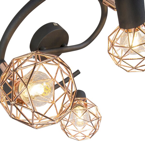 Faretto moderno nero con rame 3 luci - Mesh