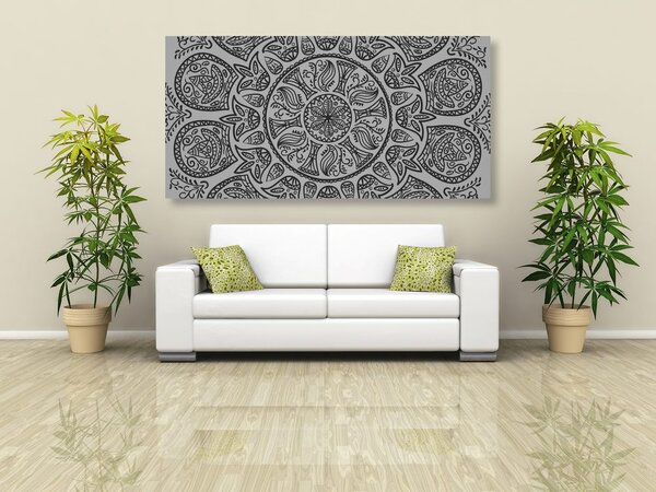 Quadro su tela – Mandala con motivo naturale astratto in bianco e nero