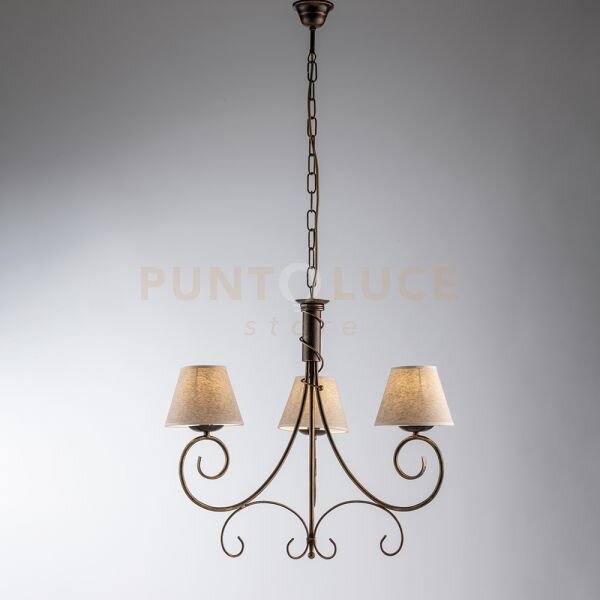 Lampadario in ferro laccato marrone con decorazione oro antico e pa