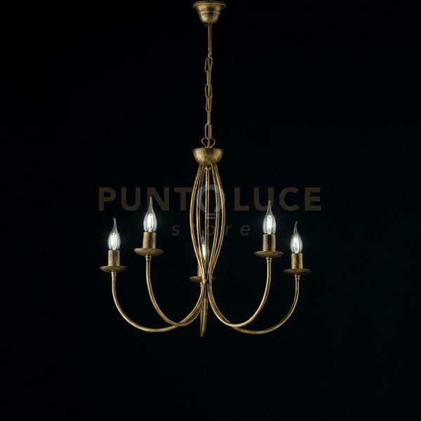 Lampadario in ferro laccato marrone con decorazione oro antico 5 luci