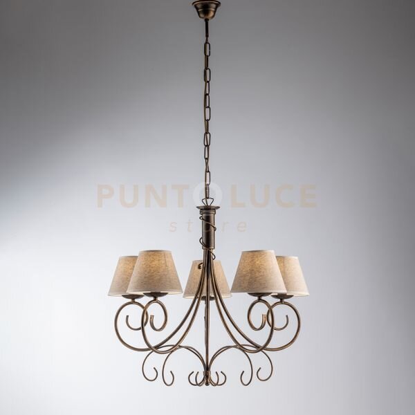 Lampadario in ferro laccato marrone con decorazione oro antico e pa