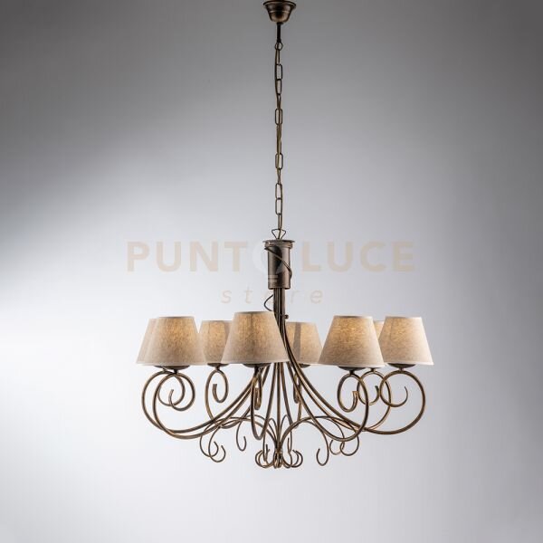 Lampadario in ferro laccato marrone con decorazione oro antico e pa