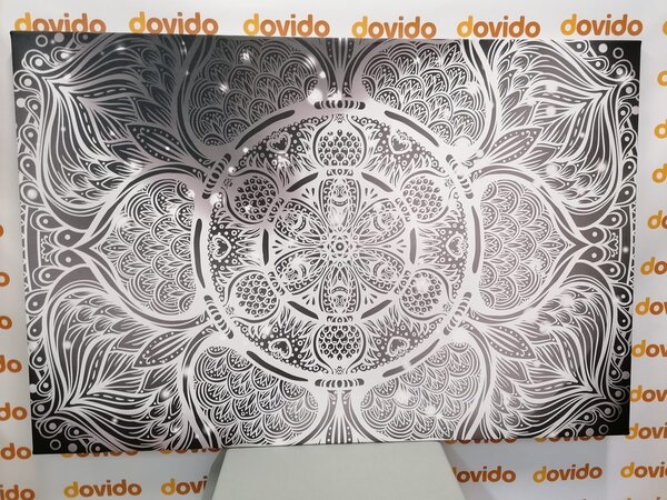 Stampa su tela – Mandala indiana con sfondo galattico in bianco e nero