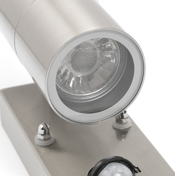 Lampada da parete per esterni in acciaio 2 luci IP44 con sensore di movimento - Duo