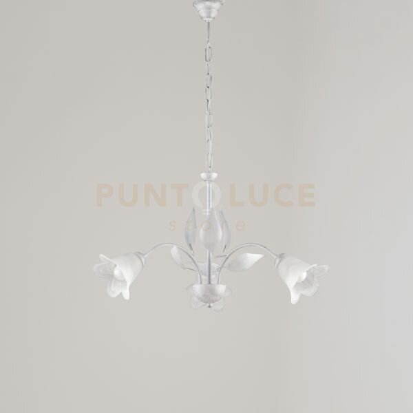 Lampadario in ferro laccato bianco con decorazione argento antico e