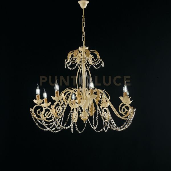 Lampadario in ferro laccato avorio con decorazione effetto decapè e