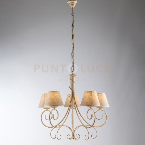 Lampadario in ferro laccato avorio con decorazione oro antico e par