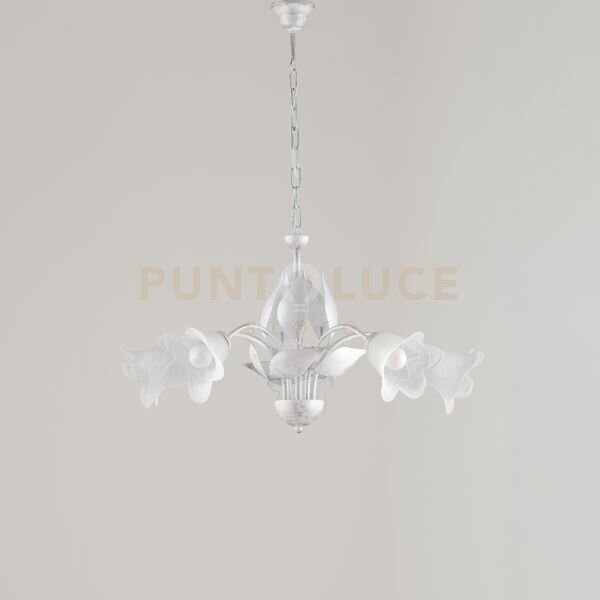 Lampadario in ferro laccato bianco con decorazione argento antico e