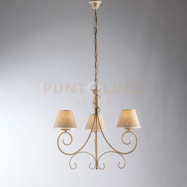Lampadario in ferro laccato avorio con decorazione oro antico e par