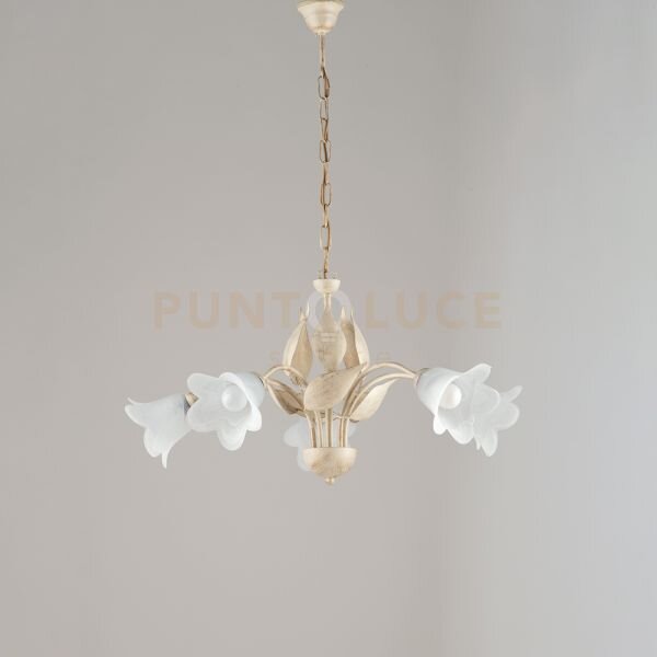 Lampadario in ferro laccato avorio con decorazione oro antico e dif