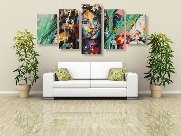 Quadri 5 pezzi – Pittura a olio donna e cavallo