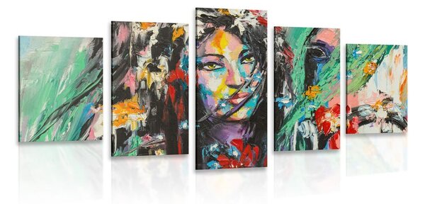 Quadri 5 pezzi – Pittura a olio donna e cavallo
