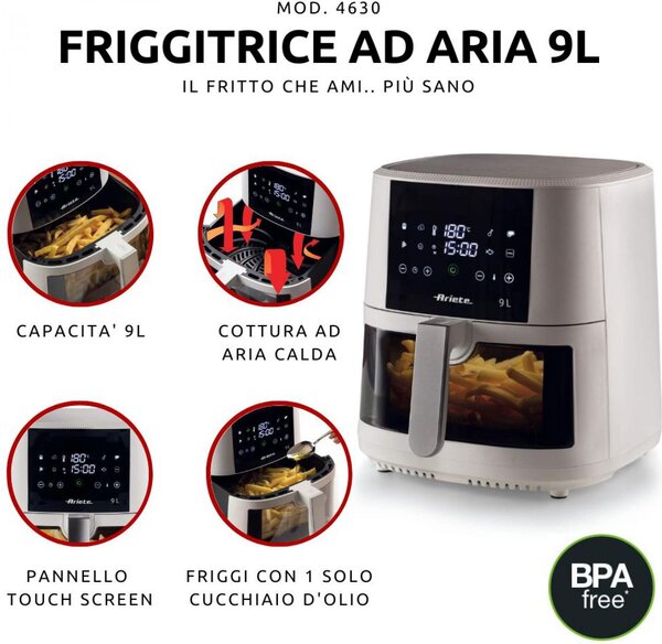 Ariete 4630 Friggitrice ad Aria Capacit 9 Litri Potenza 1500 Watt con Funzione Grill 8 Programmi di Cottura colore Bianco - 00C463003AR0
