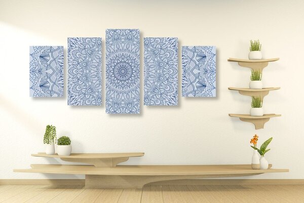Quadri 5 pezzi – Mandala decorativa dettagliata in blu