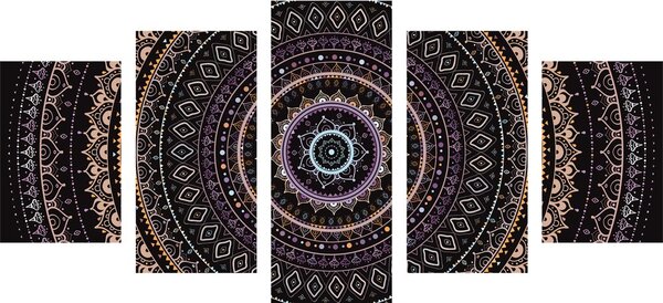 Quadri 5 pezzi – Mandala con motivo del sole in sfumature di viola