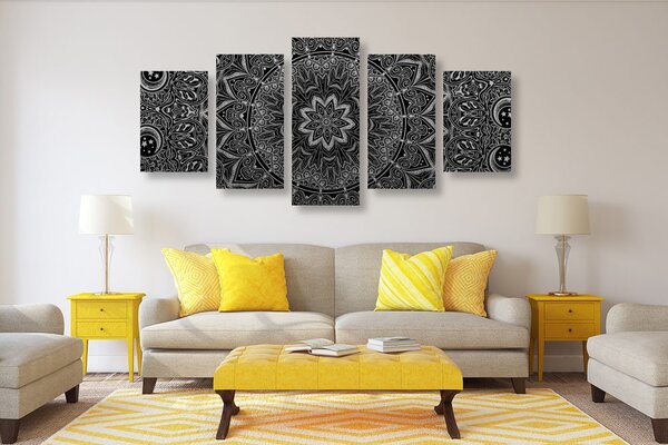 Quadri 5 pezzi – Mandala orientale in bianco e nero