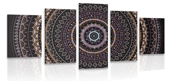 Quadri 5 pezzi – Mandala con motivo del sole in sfumature di viola