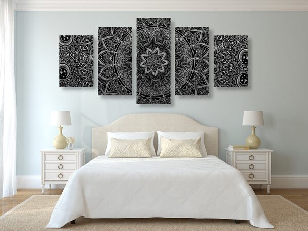 Quadri 5 pezzi – Mandala orientale in bianco e nero