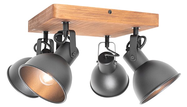 Faretto industriale nero con legno inclinabile 4 luci - Tommy