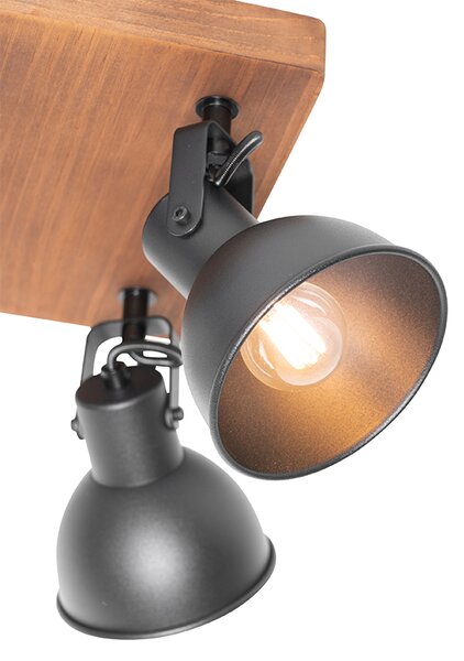 Faretto industriale nero con legno inclinabile 4 luci - Tommy