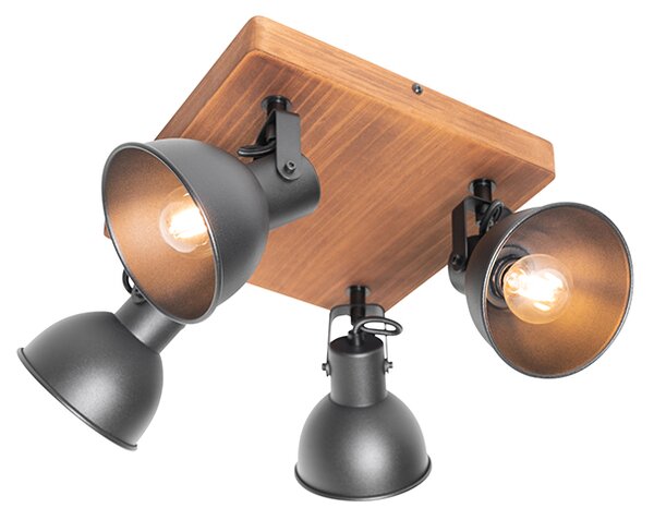Faretto industriale nero con legno inclinabile 4 luci - Tommy