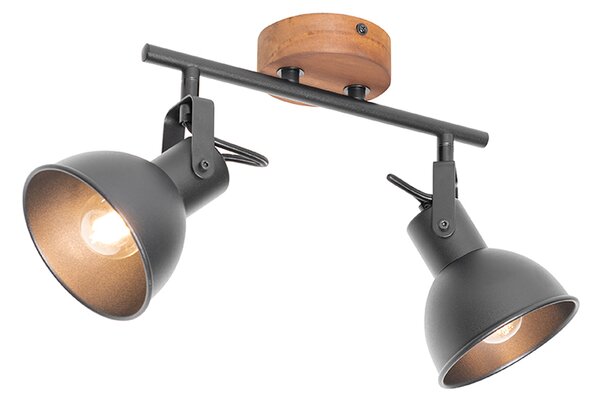 Faretto industriale nero con legno inclinabile 2 luci - Tommy