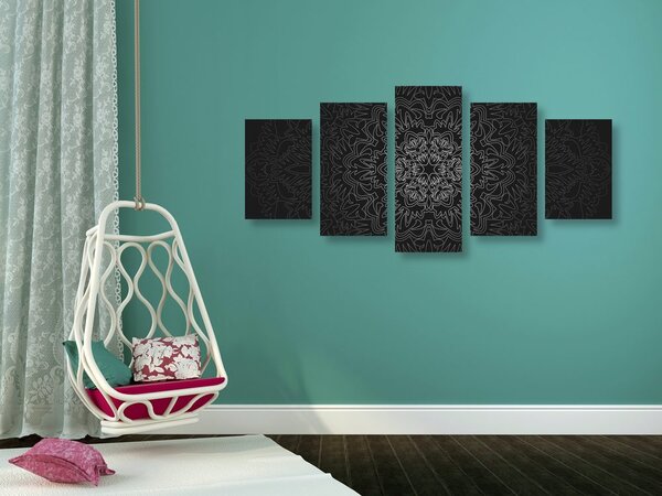 Quadri 5 pezzi – Mandala ornamentale in bianco e nero