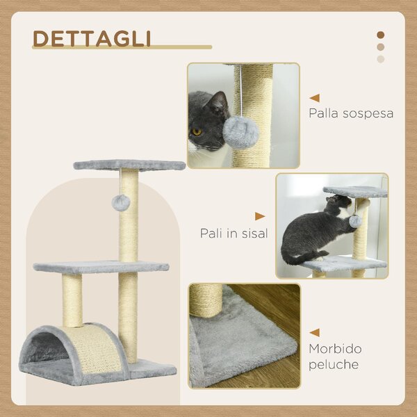 AllMyPets Albero per Gatti a 3 Livelli con Tiragraffi, Peluche e Sisal 40x35x72 cm colore Grigio Chiaro - U5600LG