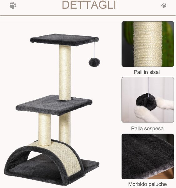 AllMyPets Albero per Gatti a 3 Livelli con Tappetino Tiragraffi ad Arco in Legno Peluche e Sisal 40x35x72 cm colore Grigio - 22351S366