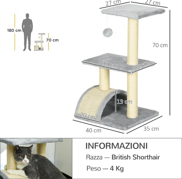 AllMyPets Albero per Gatti a 3 Livelli con Tiragraffi, Peluche e Sisal 40x35x72 cm colore Grigio Chiaro - U5600LG