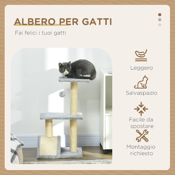 AllMyPets Albero per Gatti a 3 Livelli con Tiragraffi, Peluche e Sisal 40x35x72 cm colore Grigio Chiaro - U5600LG